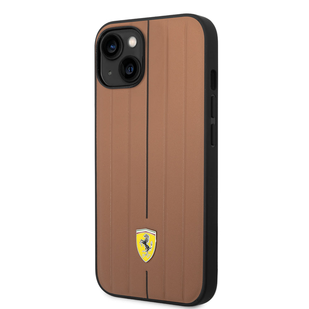 Ferrari iPhone 14 Orjinal Lisanslı Deri Arka Yüzey Metal Logolu Şerit Tasarımlı Kılıf