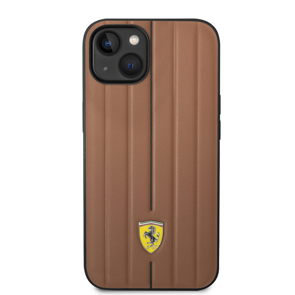 Ferrari iPhone 14 Orjinal Lisanslı Deri Arka Yüzey Metal Logolu Şerit Tasarımlı Kılıf