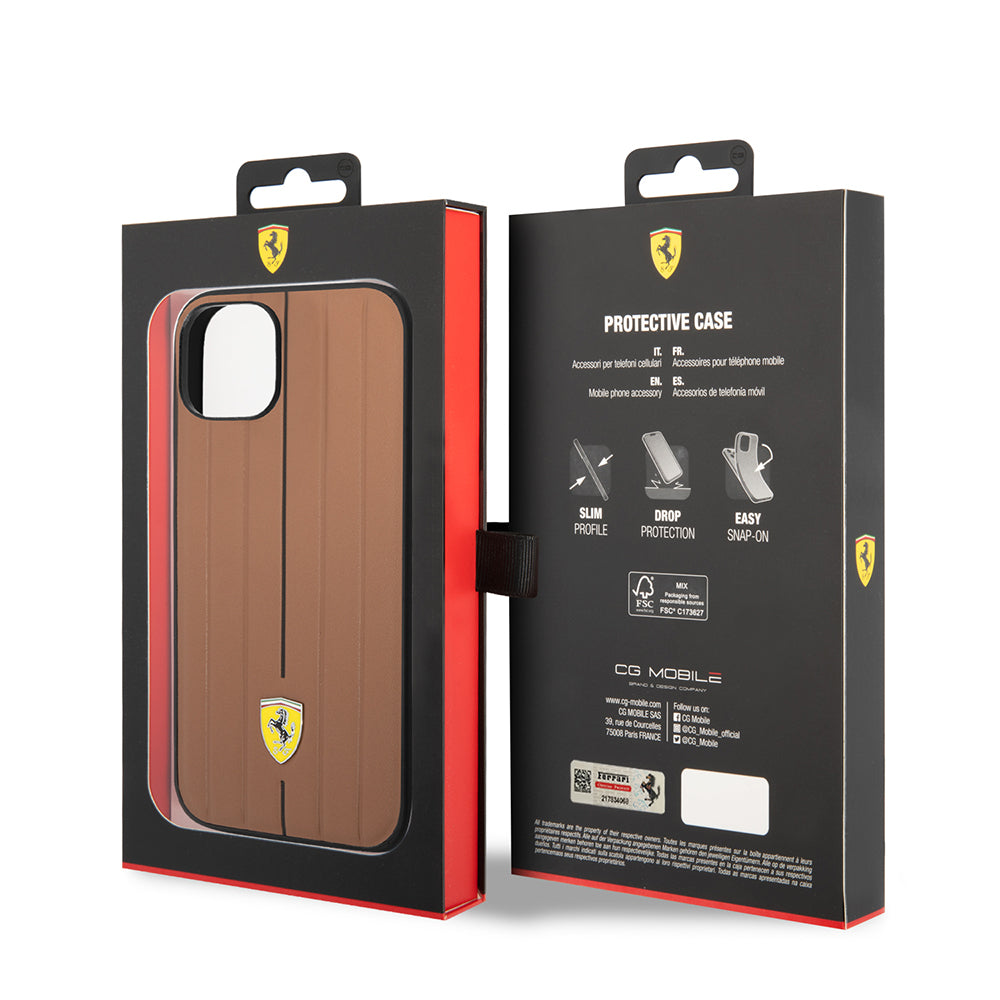 Ferrari iPhone 14 Orjinal Lisanslı Deri Arka Yüzey Metal Logolu Şerit Tasarımlı Kılıf
