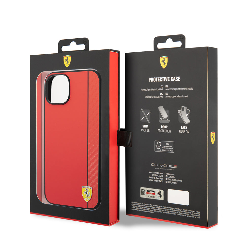 Ferrari iPhone 14 Orjinal Lisanslı M-safe Şarj Özellikli Pu Deri Ve Karbon Şeritli Dizayn Kılıf