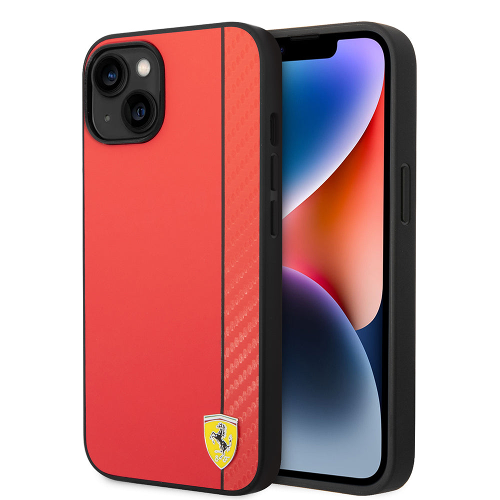 Ferrari iPhone 14 Orjinal Lisanslı M-safe Şarj Özellikli Pu Deri Ve Karbon Şeritli Dizayn Kılıf