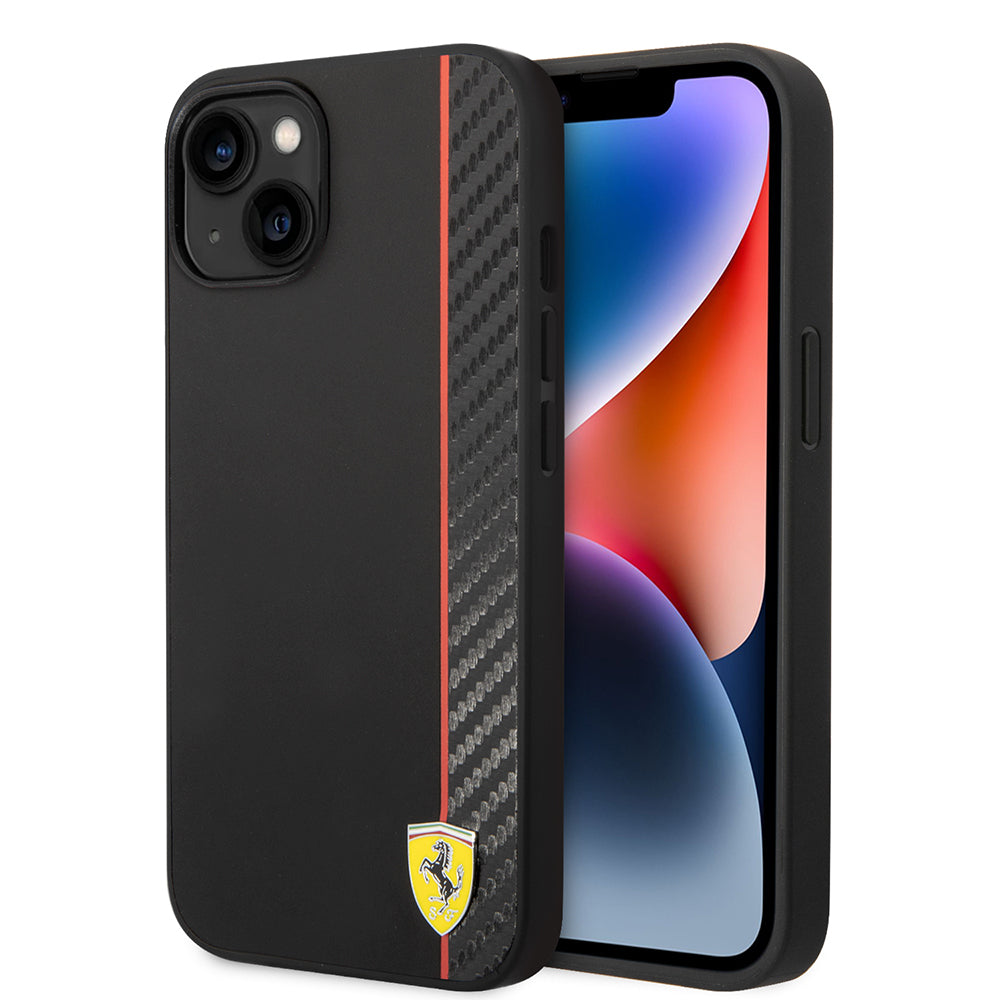 Ferrari iPhone 14 Orjinal Lisanslı M-safe Şarj Özellikli Pu Deri Ve Karbon Şeritli Dizayn Kılıf