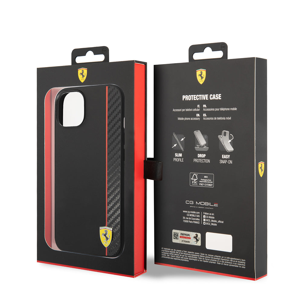 Ferrari iPhone 14 Orjinal Lisanslı M-safe Şarj Özellikli Pu Deri Ve Karbon Şeritli Dizayn Kılıf