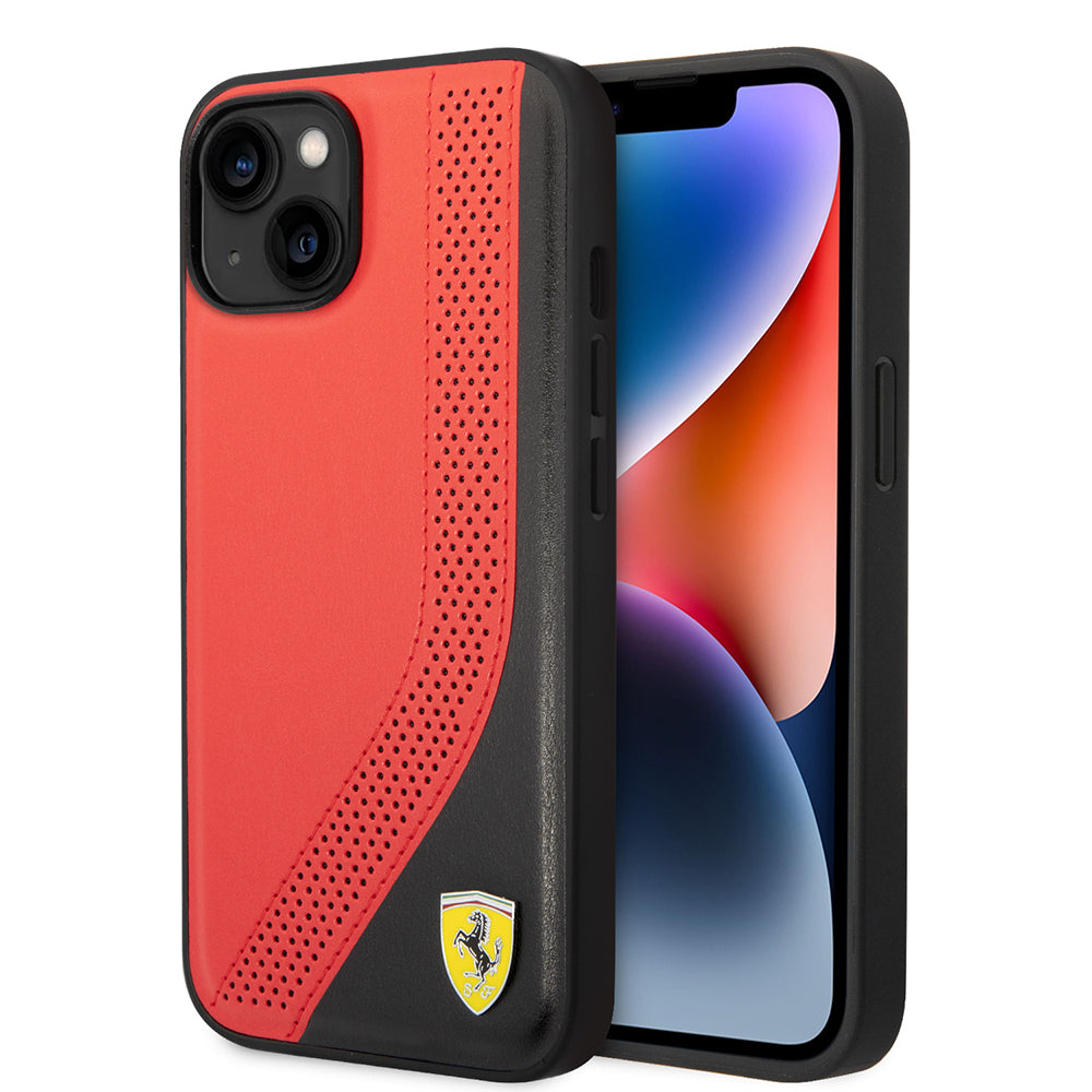 Ferrari iPhone 14 Orjinal Lisanslı Metal Logolu Deri Delikli Dikişli Dizayn Kılıf