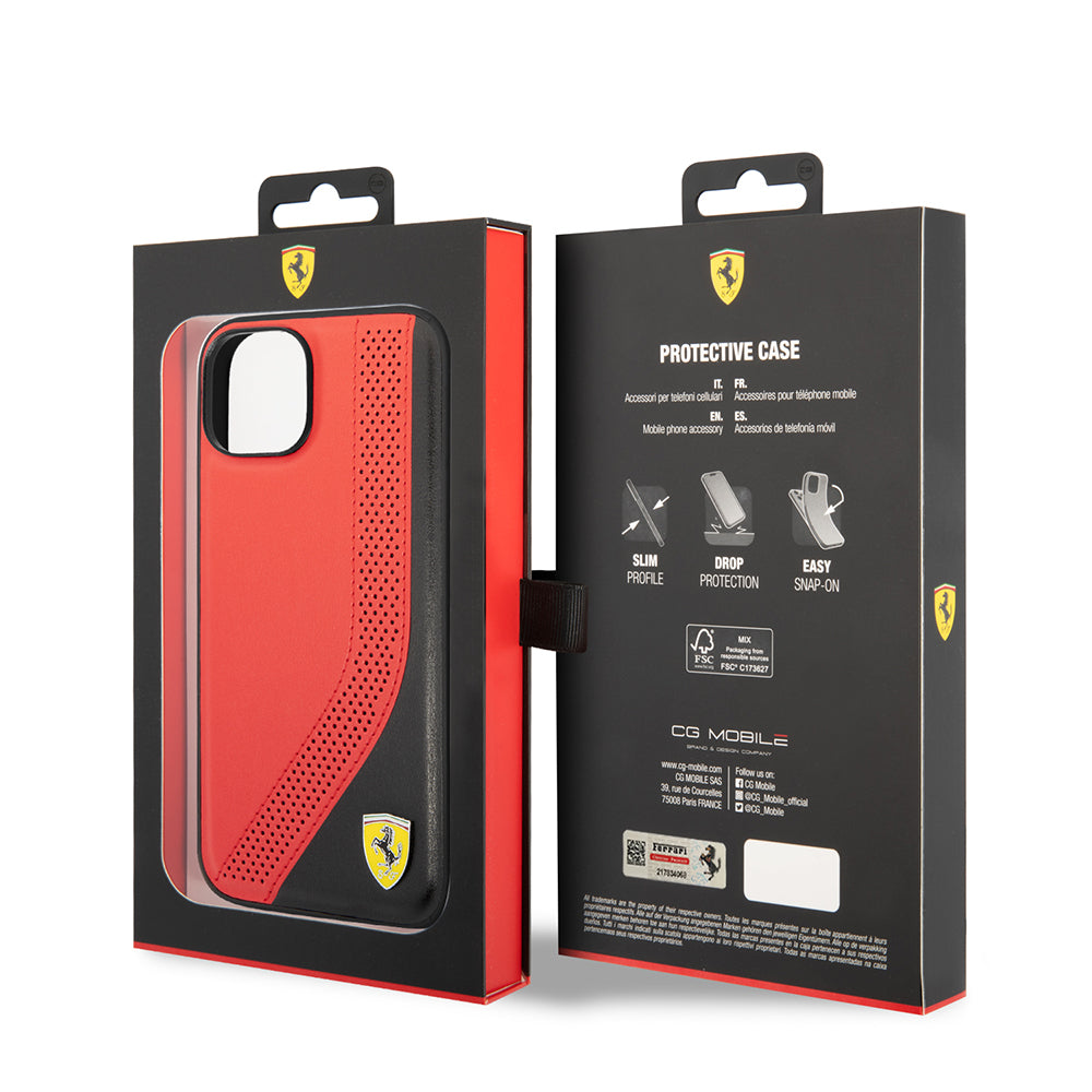 Ferrari iPhone 14 Orjinal Lisanslı Metal Logolu Deri Delikli Dikişli Dizayn Kılıf