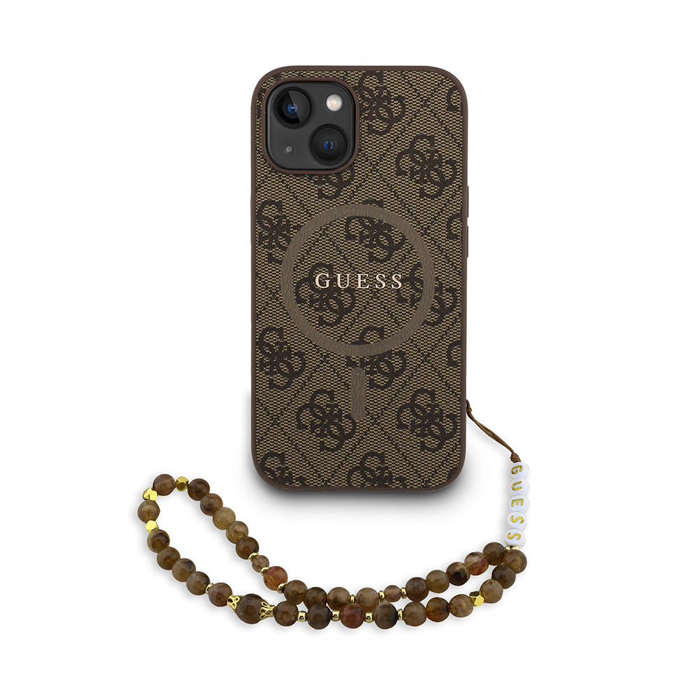 Guess iPhone 14  Orjinal Lisanslı Magsafe PU Deri Bilek Askı İpli Yazı Logolu Telefon Kılıfı