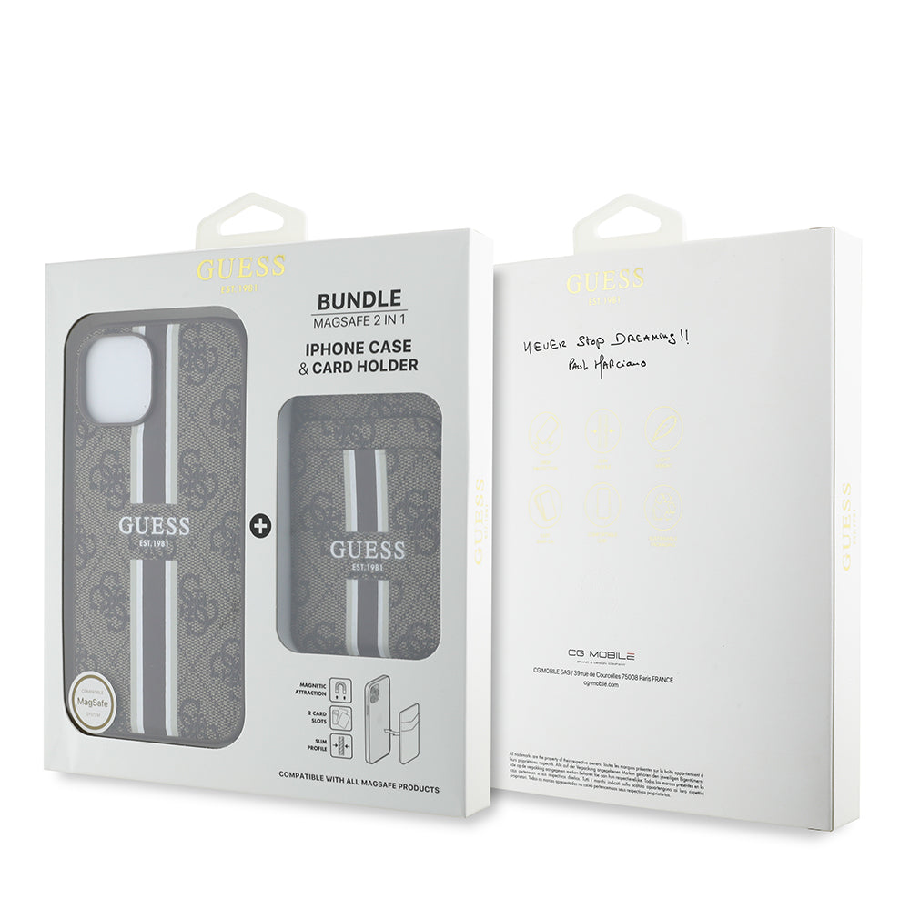 Guess iPhone 14 Orjinal Lisanslı M-safe 4G Desenli Çizgili Kartlıklı Kılıf