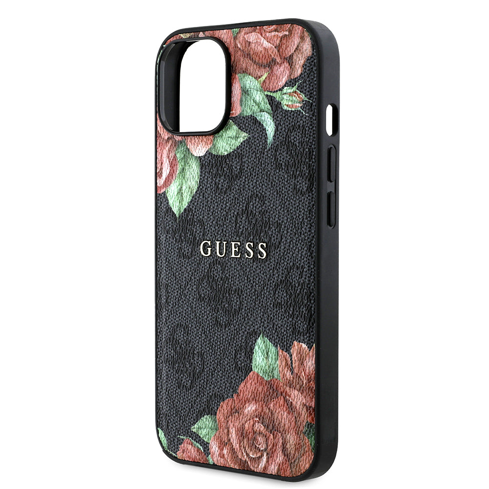 Guess iPhone 14 Orjinal Lisanslı M-safe Şarj Özellikli Gül Baskılı 4G Desenli Yazı Logolu Kılıf