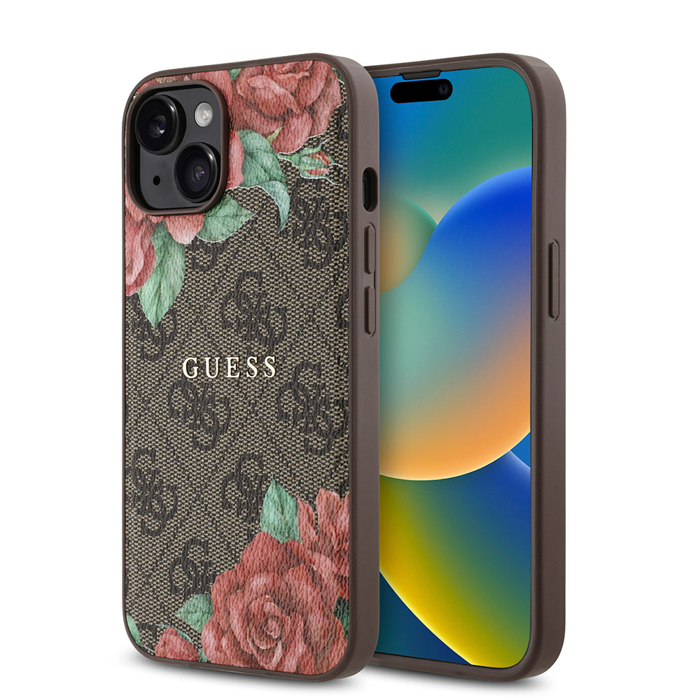 Guess iPhone 14 Orjinal Lisanslı M-safe Şarj Özellikli Gül Baskılı 4G Desenli Yazı Logolu Kılıf