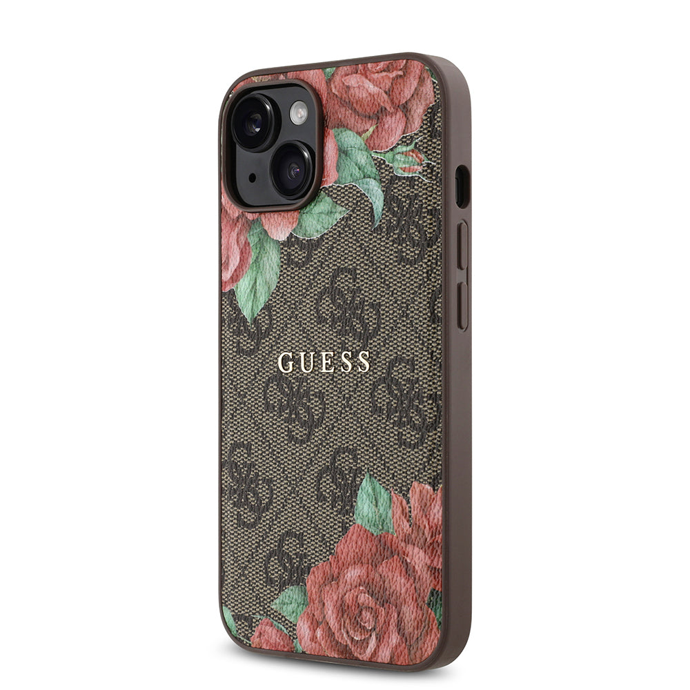 Guess iPhone 14 Orjinal Lisanslı M-safe Şarj Özellikli Gül Baskılı 4G Desenli Yazı Logolu Kılıf