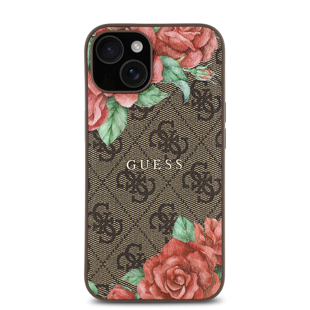 Guess iPhone 14 Orjinal Lisanslı M-safe Şarj Özellikli Gül Baskılı 4G Desenli Yazı Logolu Kılıf