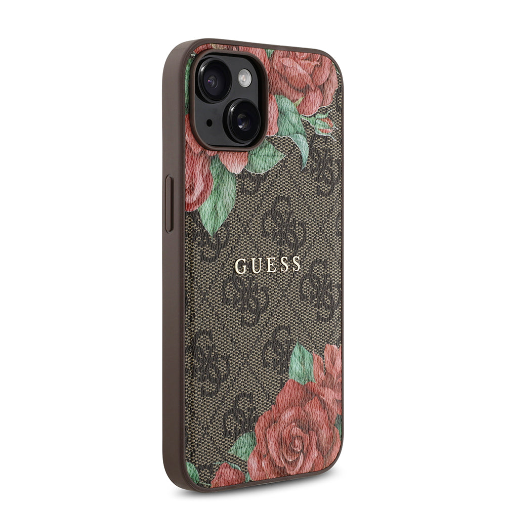 Guess iPhone 14 Orjinal Lisanslı M-safe Şarj Özellikli Gül Baskılı 4G Desenli Yazı Logolu Kılıf