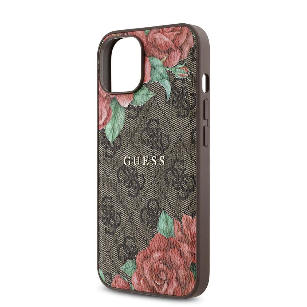 Guess iPhone 14 Orjinal Lisanslı M-safe Şarj Özellikli Gül Baskılı 4G Desenli Yazı Logolu Kılıf