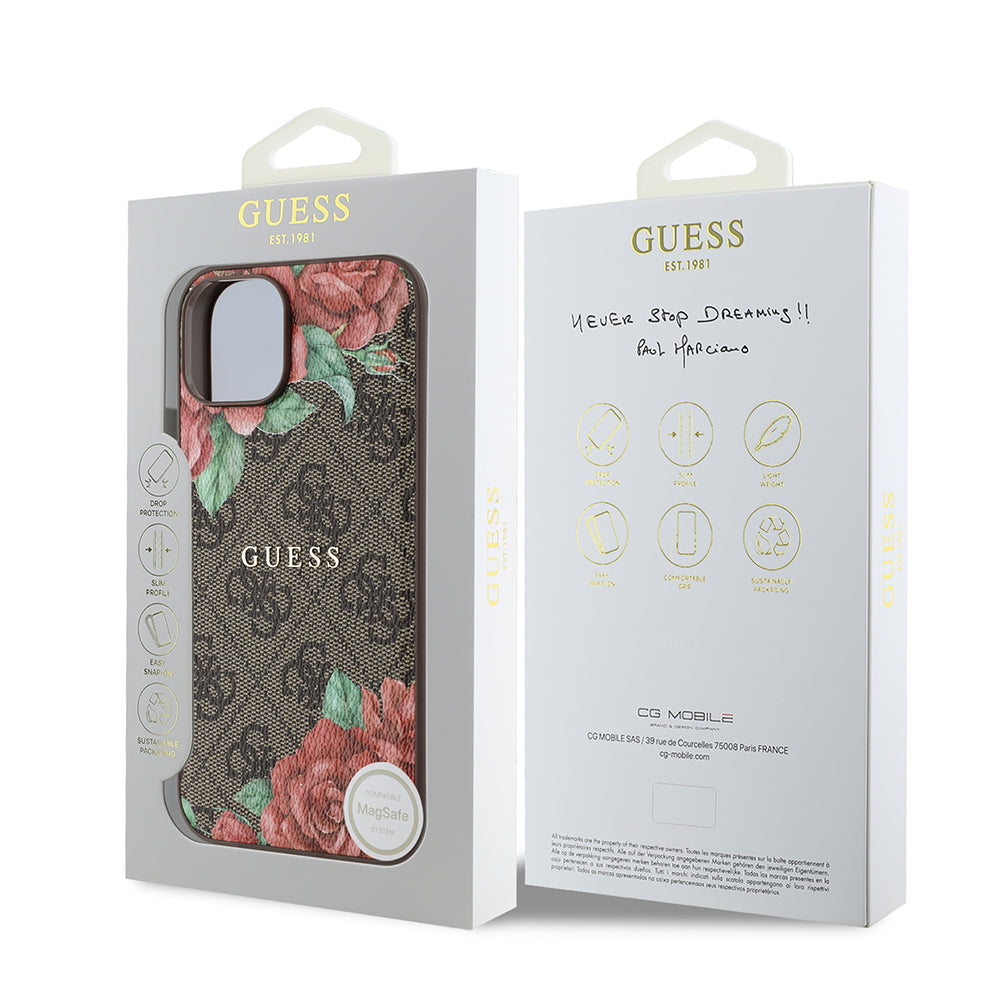 Guess iPhone 14 Orjinal Lisanslı M-safe Şarj Özellikli Gül Baskılı 4G Desenli Yazı Logolu Kılıf
