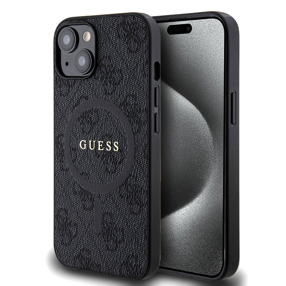 Guess iPhone 14 Orjinal Lisanslı M-safe Şarj Özellikli PU Halkalı 4G Desenli Yazı Logolu Kılıf