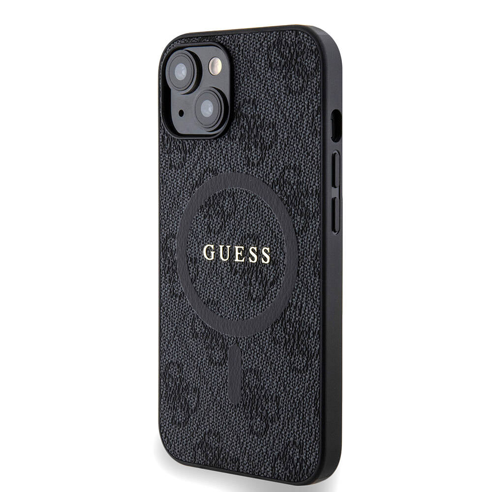 Guess iPhone 14 Orjinal Lisanslı M-safe Şarj Özellikli PU Halkalı 4G Desenli Yazı Logolu Kılıf