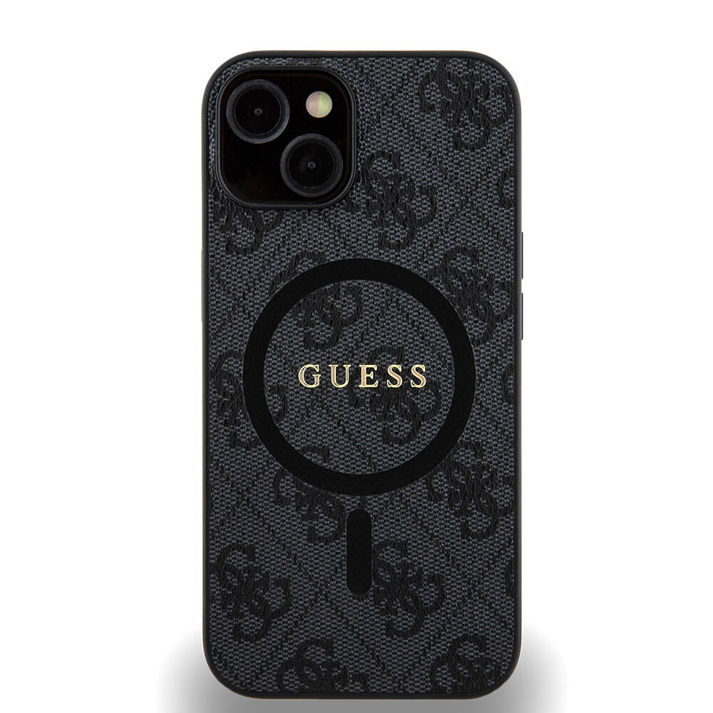 Guess iPhone 14 Orjinal Lisanslı M-safe Şarj Özellikli PU Halkalı 4G Desenli Yazı Logolu Kılıf