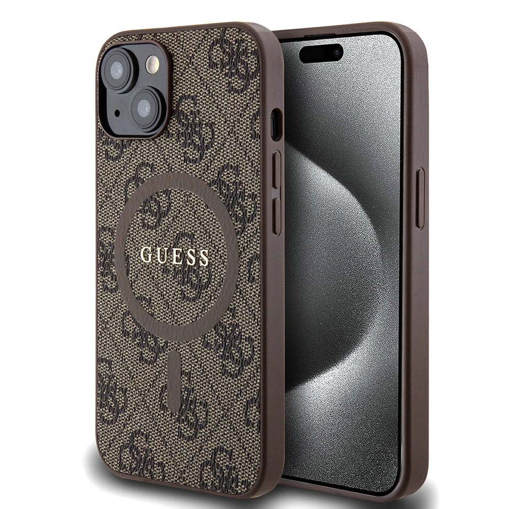 Guess iPhone 14 Orjinal Lisanslı M-safe Şarj Özellikli PU Halkalı 4G Desenli Yazı Logolu Kılıf