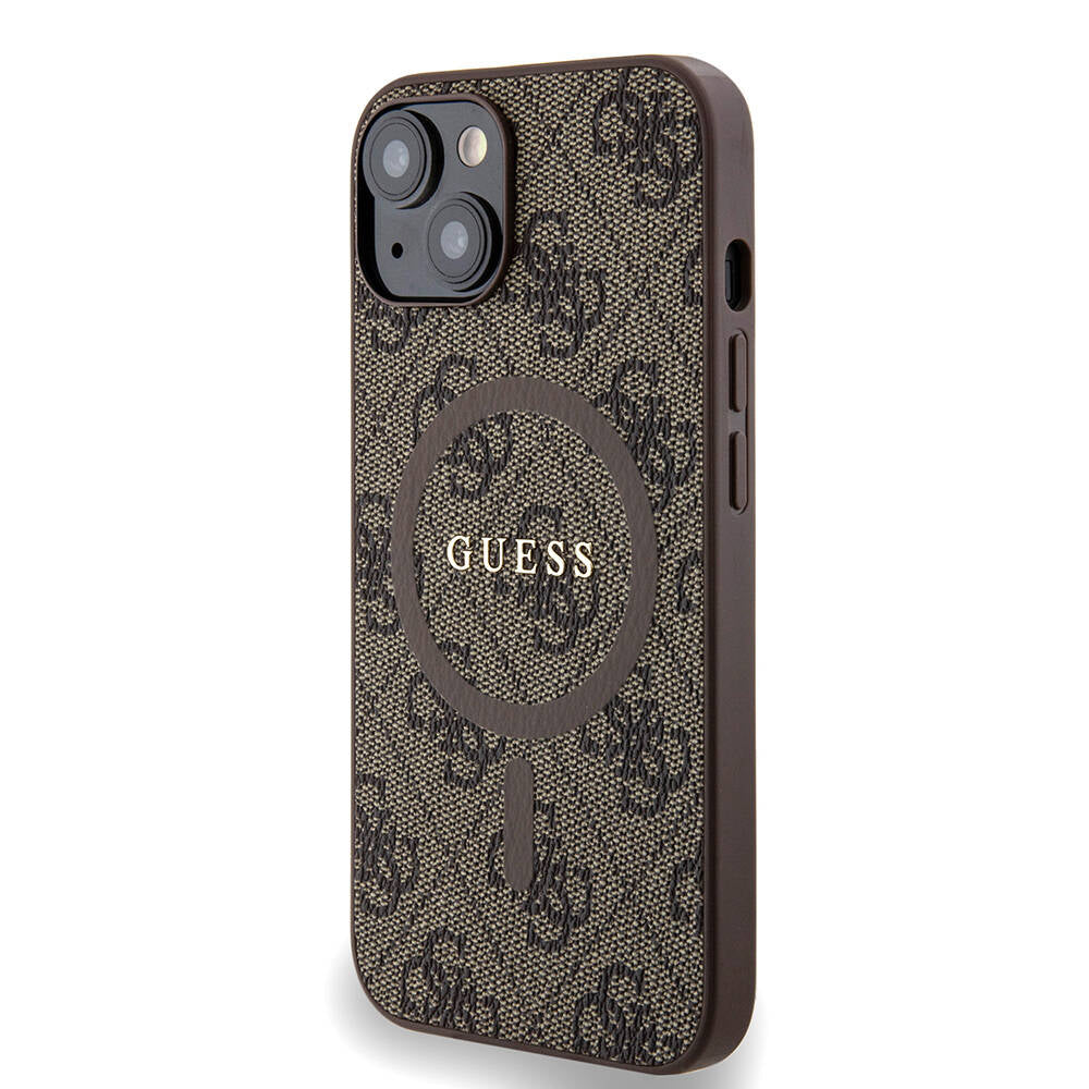 Guess iPhone 14 Orjinal Lisanslı M-safe Şarj Özellikli PU Halkalı 4G Desenli Yazı Logolu Kılıf