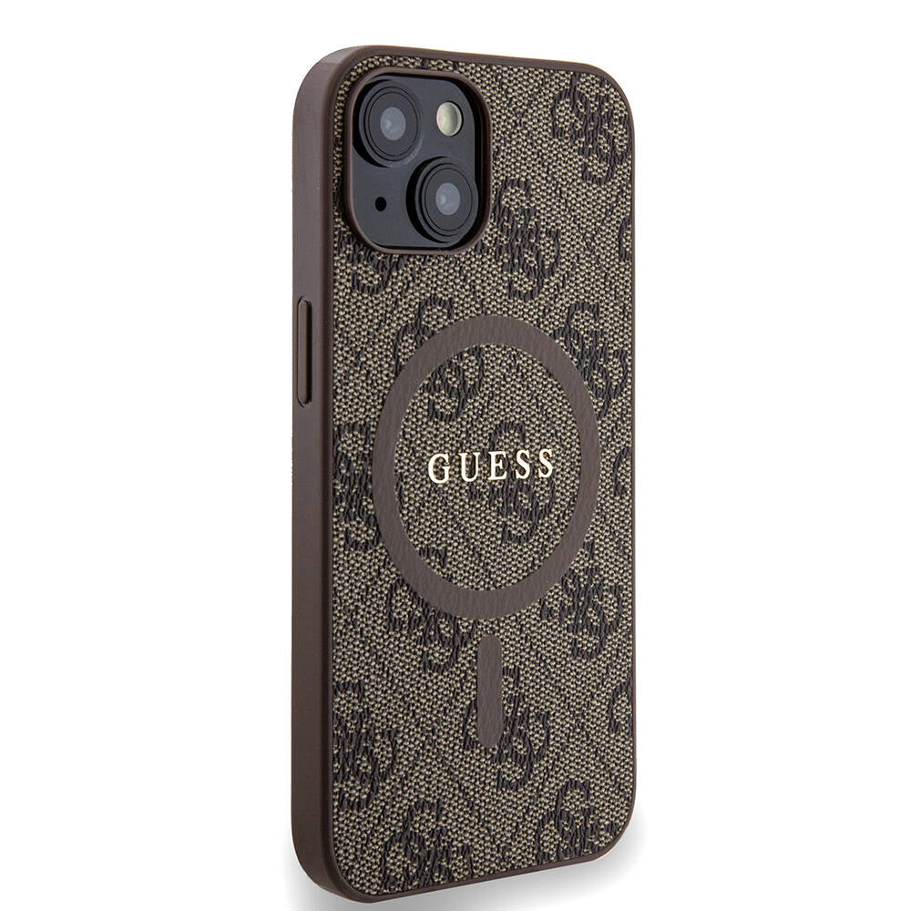 Guess iPhone 14 Orjinal Lisanslı M-safe Şarj Özellikli PU Halkalı 4G Desenli Yazı Logolu Kılıf