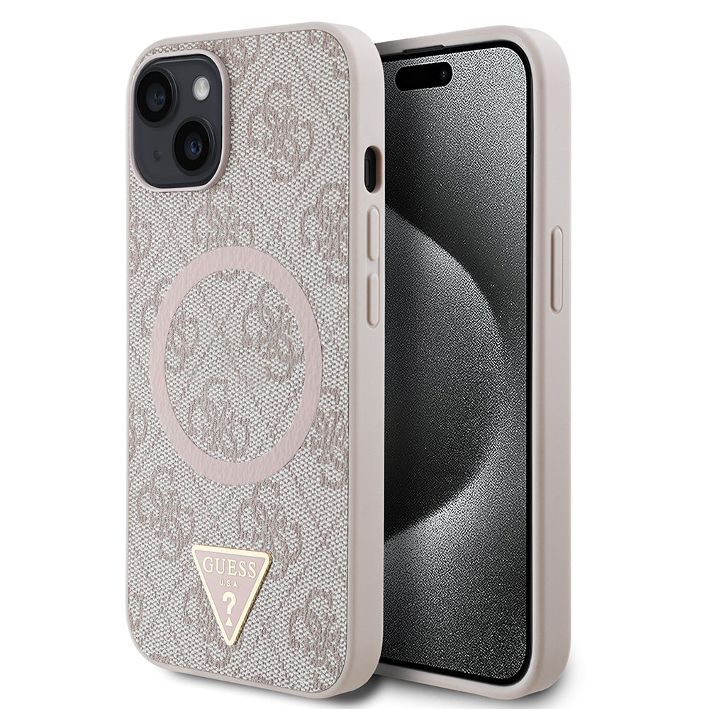 Guess iPhone 14 Orjinal Lisanslı M-safe Şarj Özellikli PU Üçgen Logo 4G Desenli Kılıf
