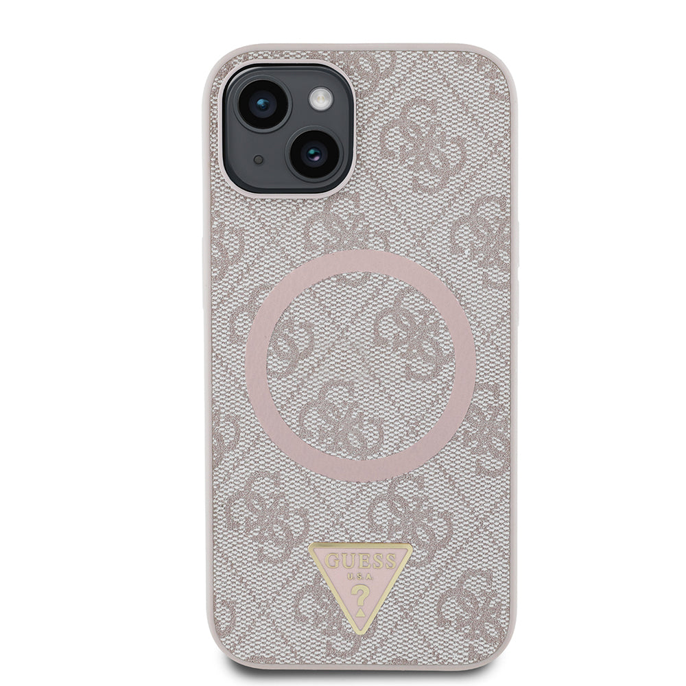 Guess iPhone 14 Orjinal Lisanslı M-safe Şarj Özellikli PU Üçgen Logo 4G Desenli Kılıf