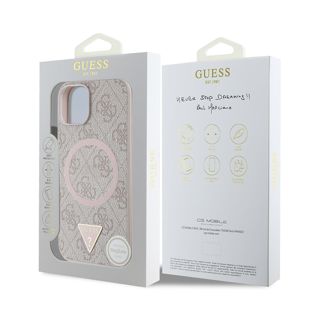 Guess iPhone 14 Orjinal Lisanslı M-safe Şarj Özellikli PU Üçgen Logo 4G Desenli Kılıf