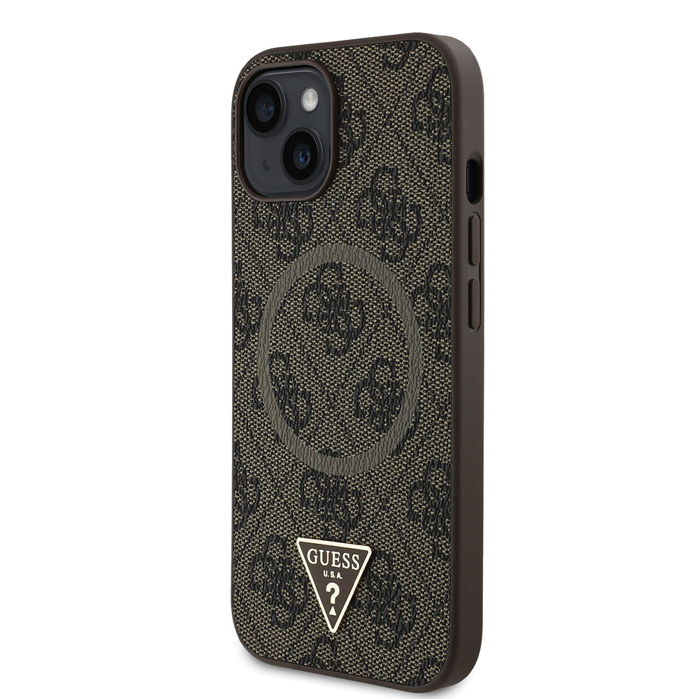 Guess iPhone 14 Orjinal Lisanslı M-safe Şarj Özellikli PU Üçgen Logo 4G Desenli Kılıf