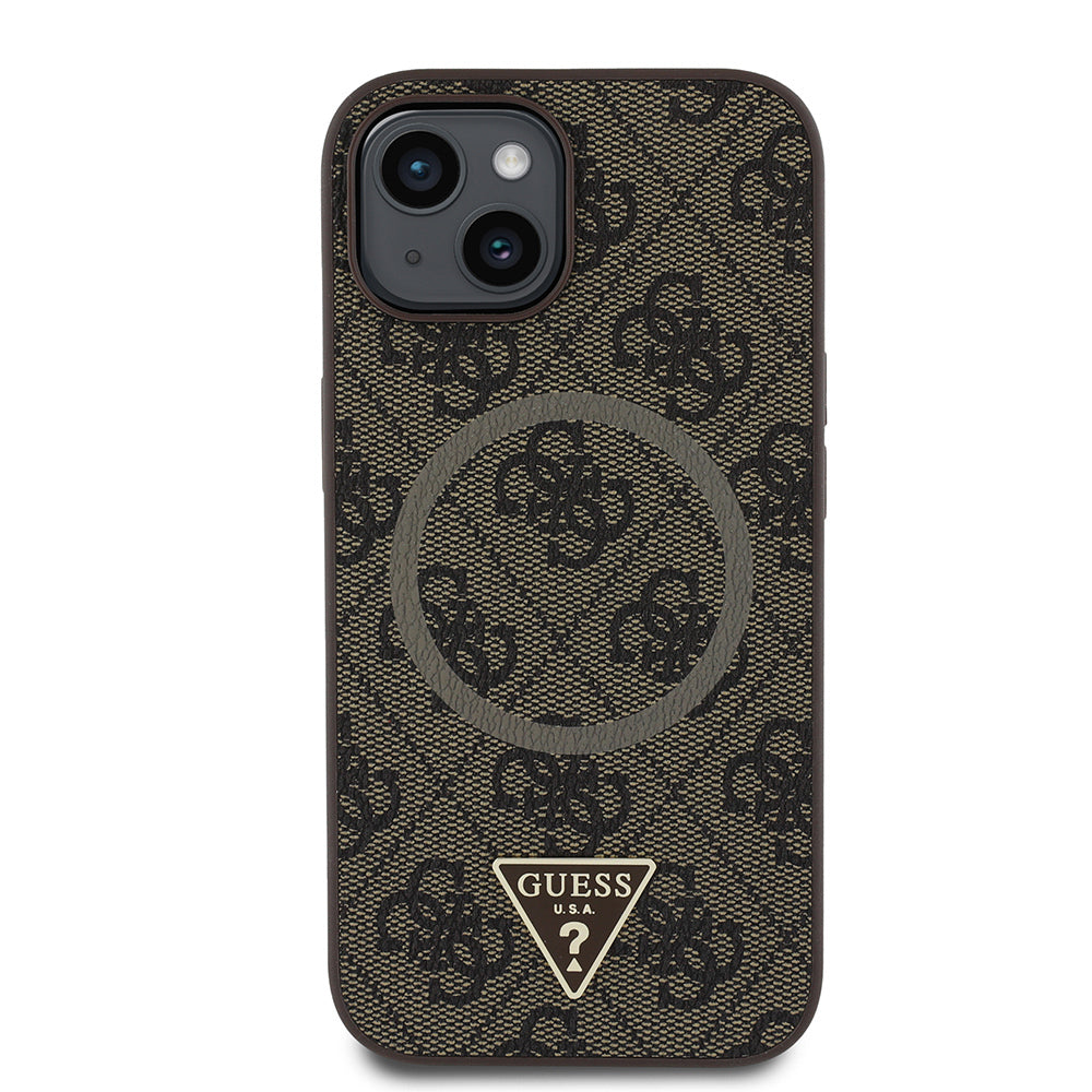 Guess iPhone 14 Orjinal Lisanslı M-safe Şarj Özellikli PU Üçgen Logo 4G Desenli Kılıf