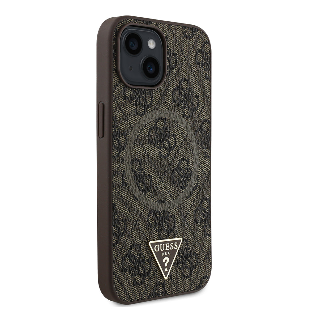 Guess iPhone 14 Orjinal Lisanslı M-safe Şarj Özellikli PU Üçgen Logo 4G Desenli Kılıf