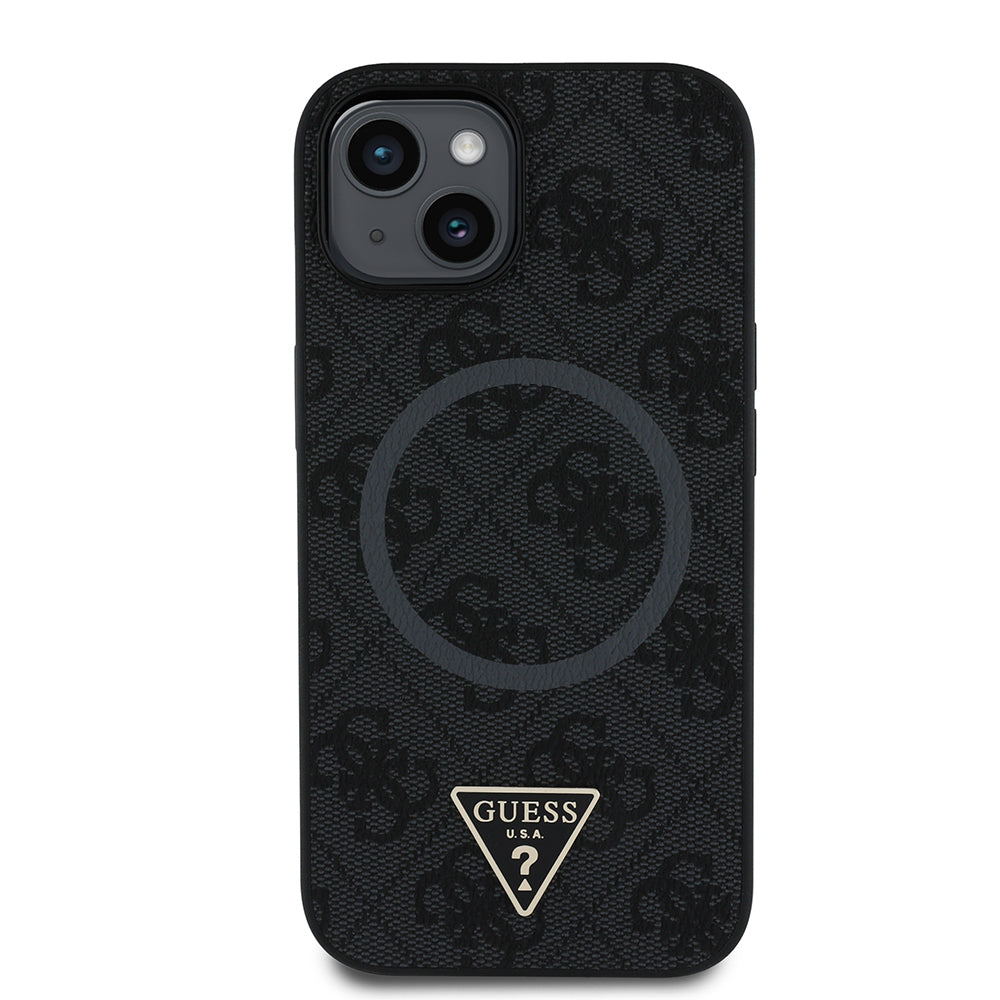 Guess iPhone 14 Orjinal Lisanslı M-safe Şarj Özellikli PU Üçgen Logo 4G Desenli Kılıf