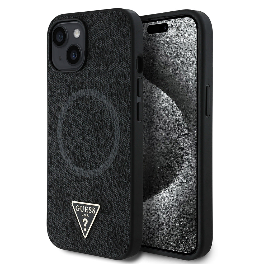 Guess iPhone 14 Orjinal Lisanslı M-safe Şarj Özellikli PU Üçgen Logo 4G Desenli Kılıf