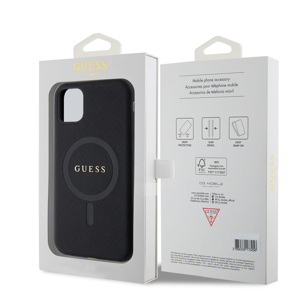 Guess iPhone 14 Orjinal Lisanslı M-safe Şarj Özellikli Yazı Logolu Saffiano Classic Kılıf