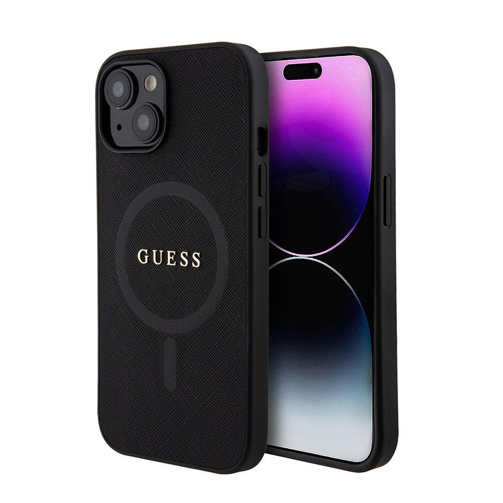 Guess iPhone 14 Orjinal Lisanslı M-safe Şarj Özellikli Yazı Logolu Saffiano Classic Kılıf