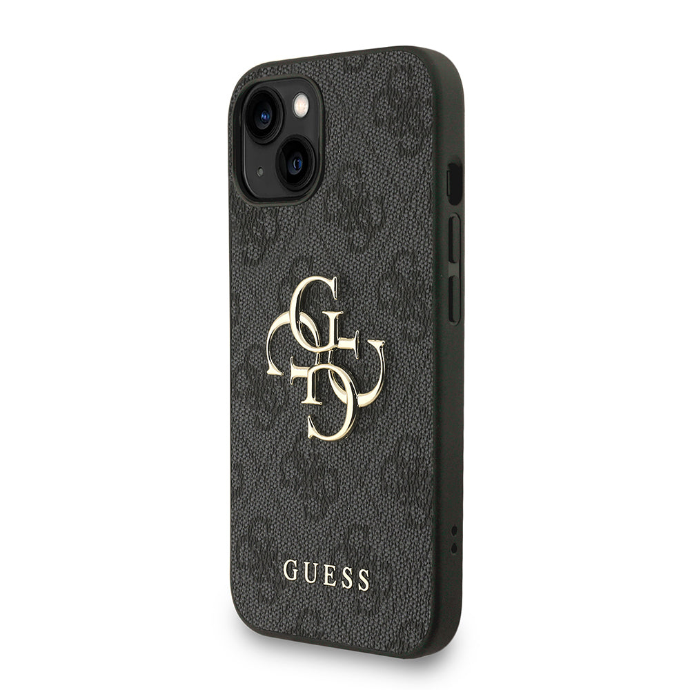 Guess iPhone 14 Orjinal Lisanslı PU Deri Bilek Askı İpli Metal Büyük 4G ve Yazı Logolu Telefon Kılıfı