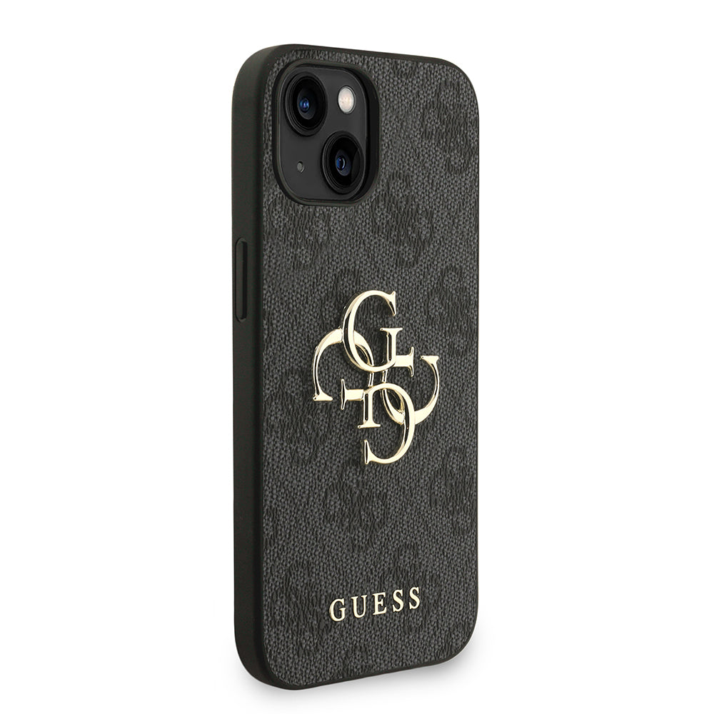 Guess iPhone 14 Orjinal Lisanslı PU Deri Bilek Askı İpli Metal Büyük 4G ve Yazı Logolu Telefon Kılıfı
