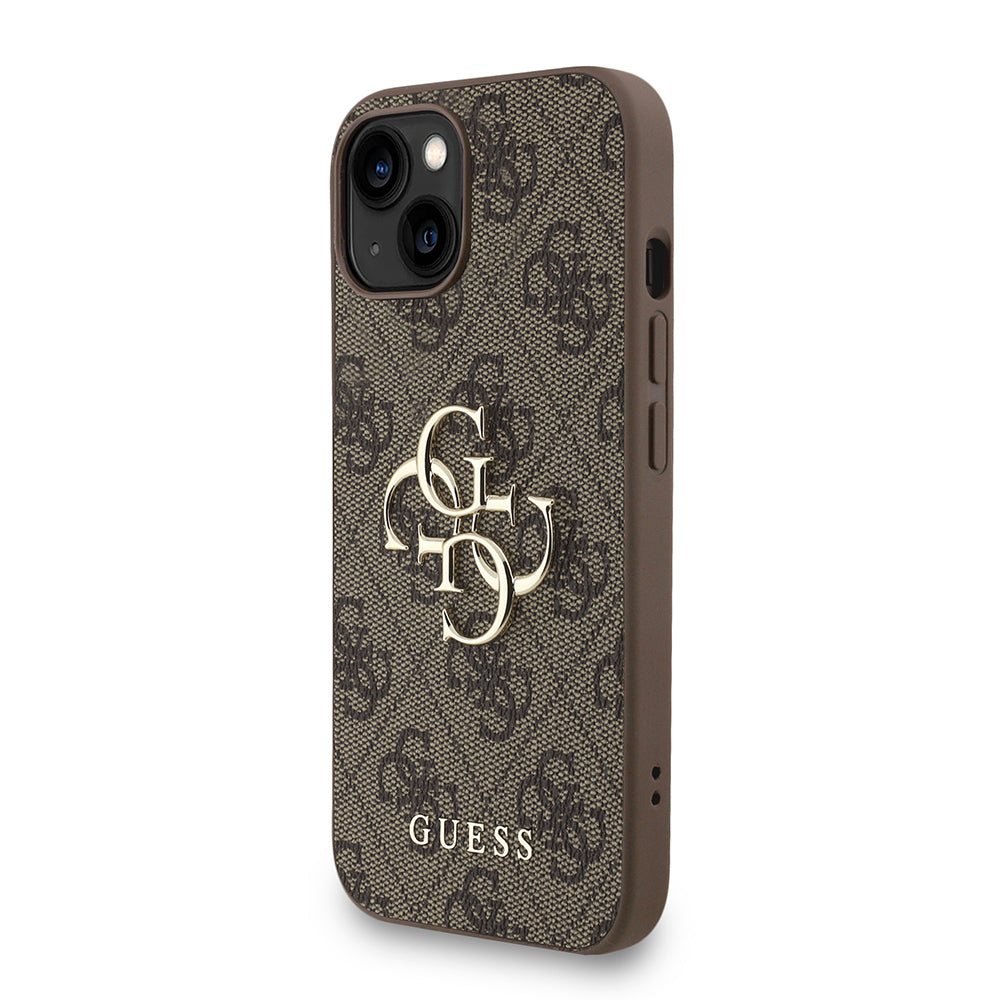 Guess iPhone 14 Orjinal Lisanslı PU Deri Bilek Askı İpli Metal Büyük 4G ve Yazı Logolu Telefon Kılıfı