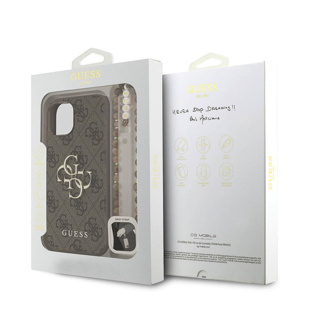 Guess iPhone 14 Orjinal Lisanslı PU Deri Bilek Askı İpli Metal Büyük 4G ve Yazı Logolu Telefon Kılıfı