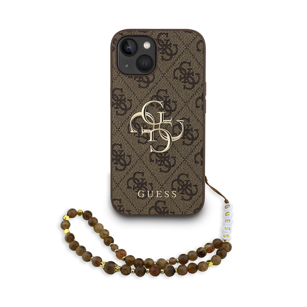 Guess iPhone 14 Orjinal Lisanslı PU Deri Bilek Askı İpli Metal Büyük 4G ve Yazı Logolu Telefon Kılıfı