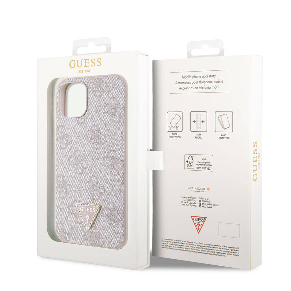 Guess iPhone 14 Orjinal Lisanslı PU Deri Taşlı Üçgen Logo 4G Desenli Telefon Kılıfı