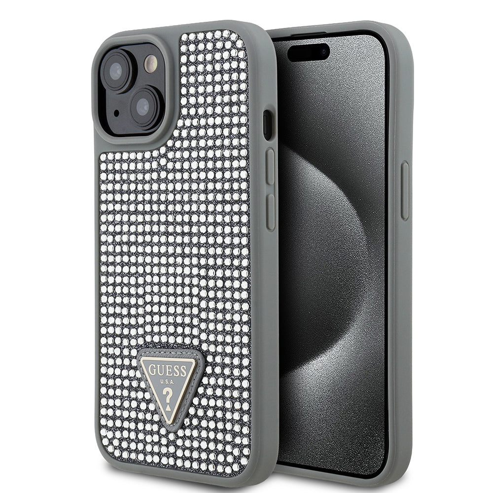 Guess iPhone 14 Orjinal Lisanslı Taşlı Arka Yüzey Üçgen Logolu Telefon Kılıfı