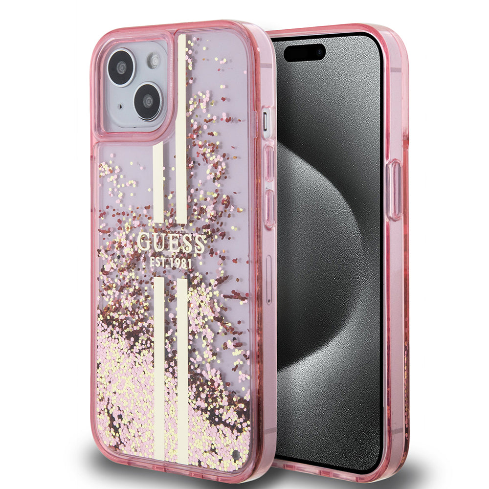 Guess iPhone 14 Orjinal Lisanslı Transparan Sıvılı Simli Altın Çizgili Kılıf