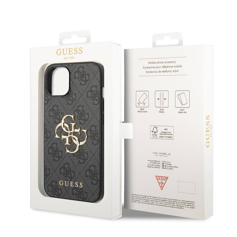 Guess iPhone 14 PU Deri Büyük Metal Logo Dizaynlı Telefon Kılıfı