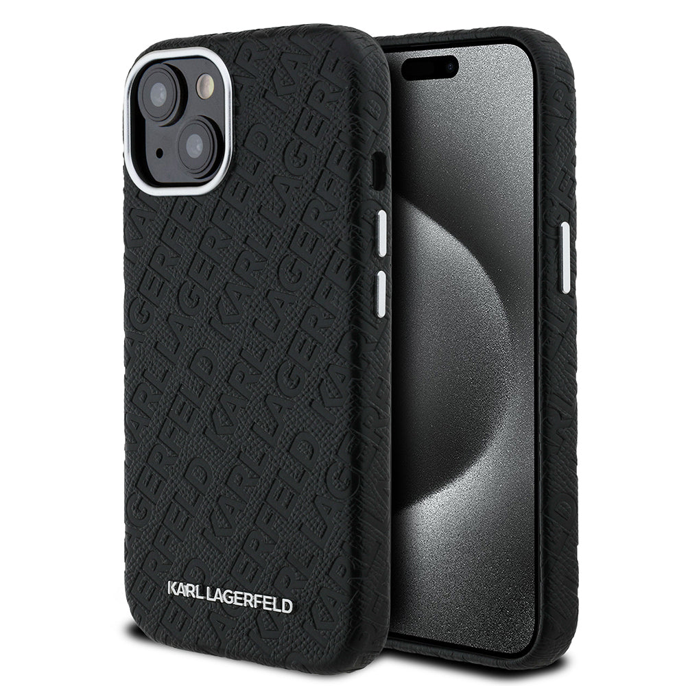 Karl Lagerfeld iPhone 14 Orjinal Lisanslı PU Deri Damgalı Metal Yazı Logolu Telefon Kılıfı