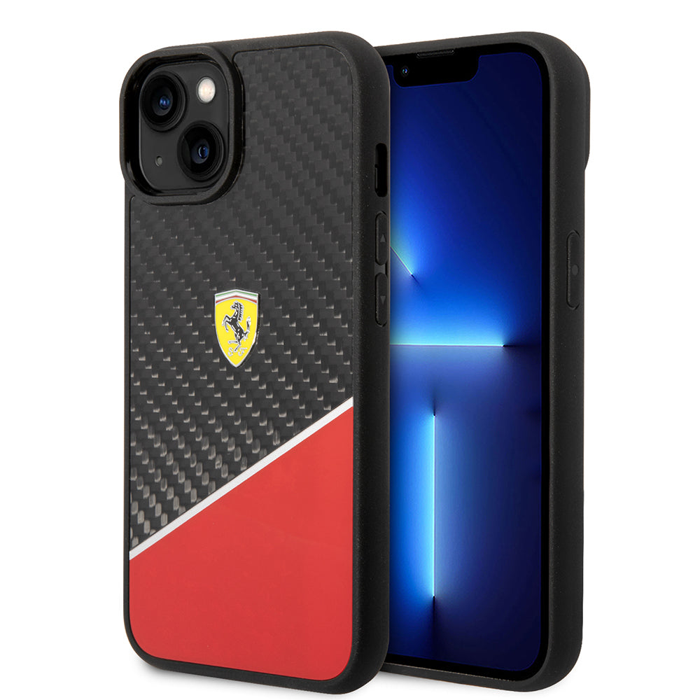 Ferrari iPhone 14 Plus Orjinal Lisanlı Klasik Metal Logolu Karbon Şerit Desenli Kılıf