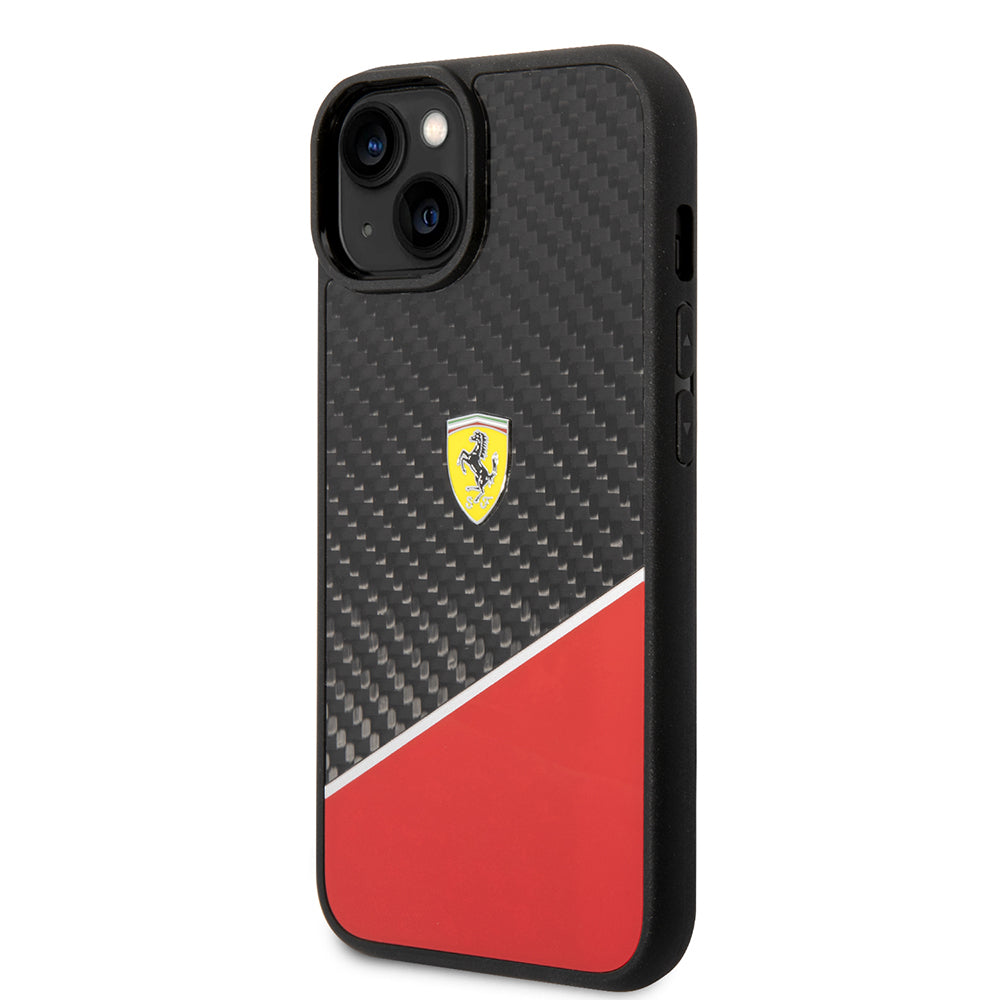 Ferrari iPhone 14 Plus Orjinal Lisanlı Klasik Metal Logolu Karbon Şerit Desenli Kılıf