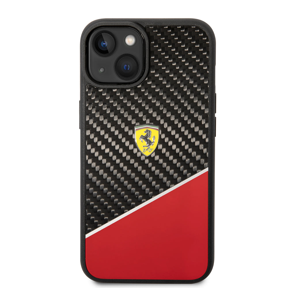 Ferrari iPhone 14 Plus Orjinal Lisanlı Klasik Metal Logolu Karbon Şerit Desenli Kılıf