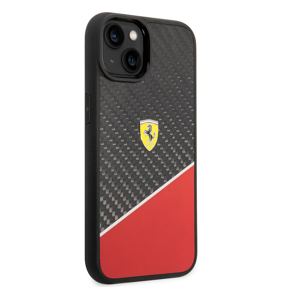 Ferrari iPhone 14 Plus Orjinal Lisanlı Klasik Metal Logolu Karbon Şerit Desenli Kılıf