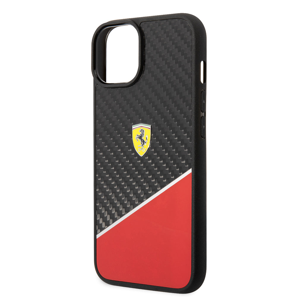 Ferrari iPhone 14 Plus Orjinal Lisanlı Klasik Metal Logolu Karbon Şerit Desenli Kılıf