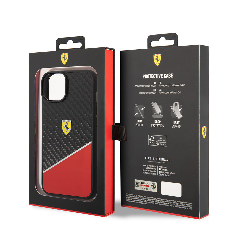 Ferrari iPhone 14 Plus Orjinal Lisanlı Klasik Metal Logolu Karbon Şerit Desenli Kılıf